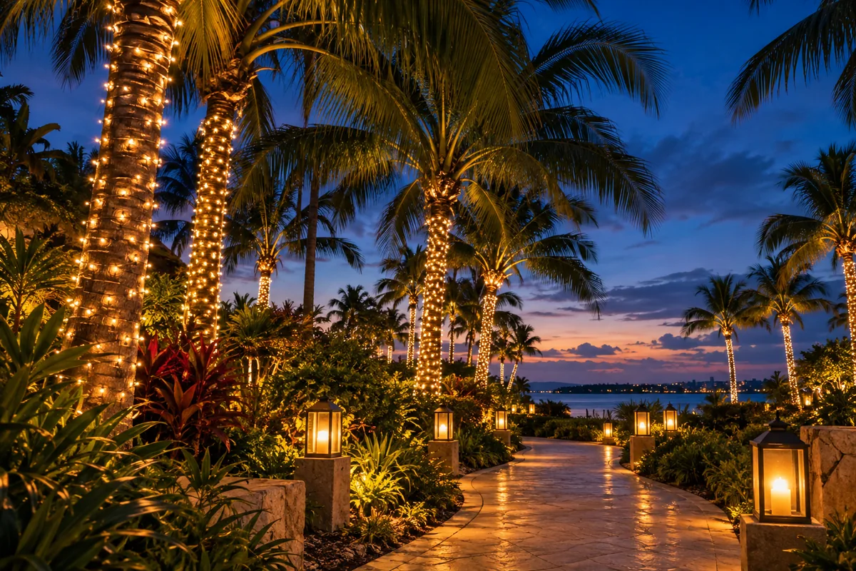 An illustrative tropical evening with illuminated palms and lanterns