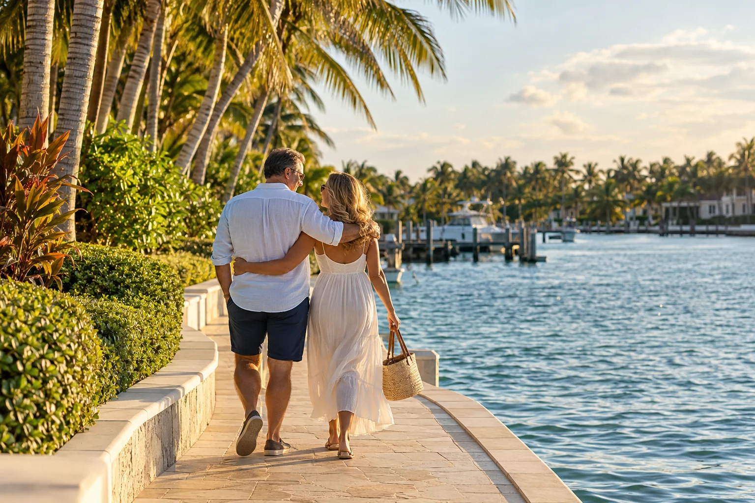 An illustrative couple enjoying a sunlit waterside walk
